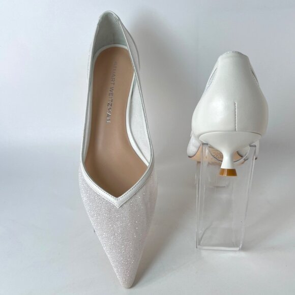 Stuart Weitzman Eva 35 Pumps White Sparkle Mesh Kitten Heel Women Size 39 US8.5B - Picture 6 of 11